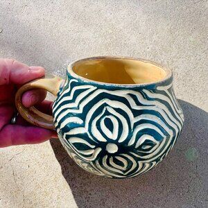 Blue and Brown Handmade Carved Mug